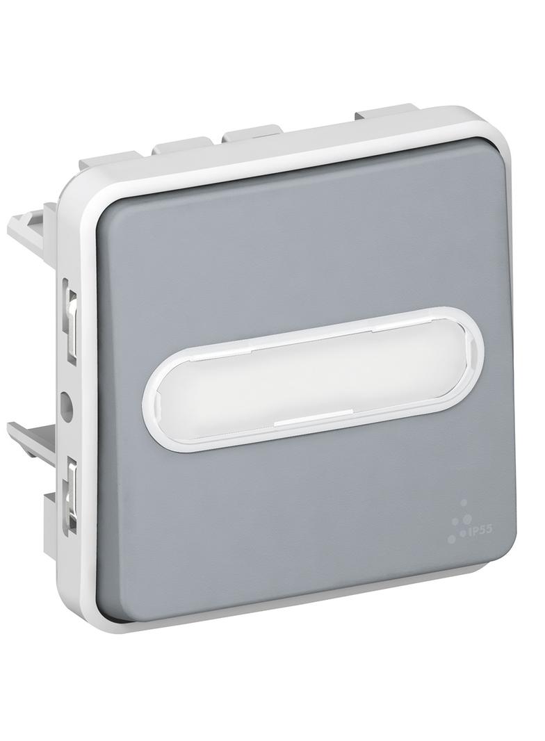 PLEXO55 PRZYCISK JEDNOBIEGUNOWY PODŚWIETLANY Z UCHWYTEM ETYKIETY SZARY 10A-250V~, Legrand