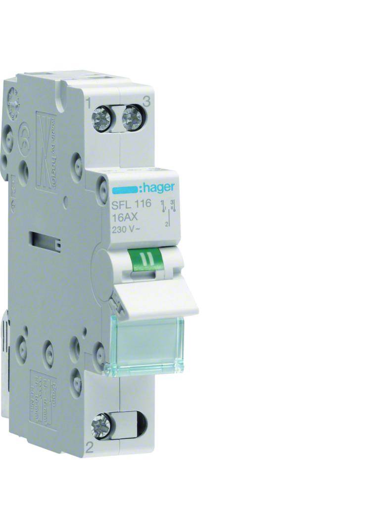 Modułowy przełącznik instalacyjny I-II punkt wspólny od dołu 1P 16A 230VAC SFL116 HAGER
