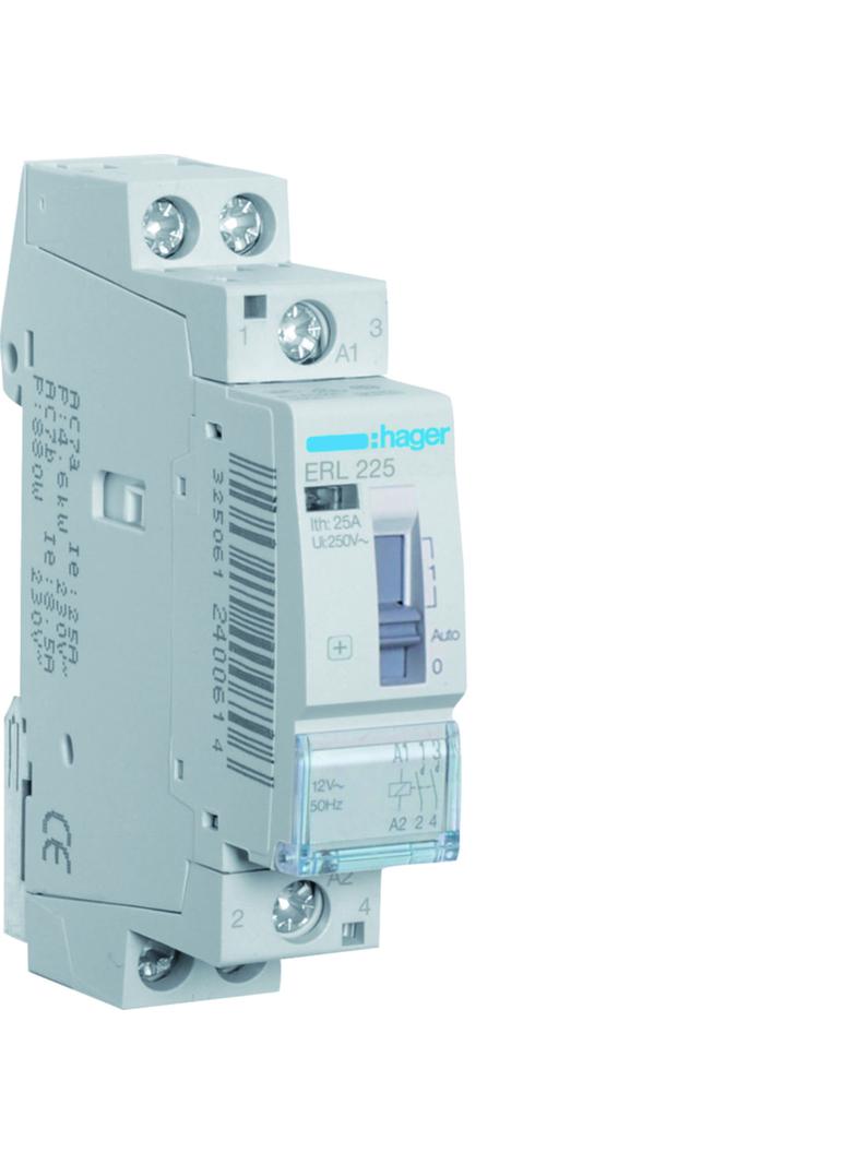 Stycznik modułowy z możliwością sterowania ręcznego 12V AC 2Z 25A AC-7A B ERL225 HAGER