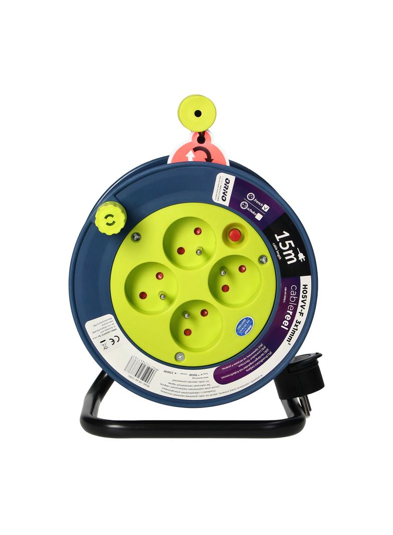 Przedłużacz bębnowy MINI, 4 gniazda 2P+Z, metalowy stojak, polwinit H05VV-F 3x1mm2 , długość 15m, limonkowy OR-AE-1339/L ORNO