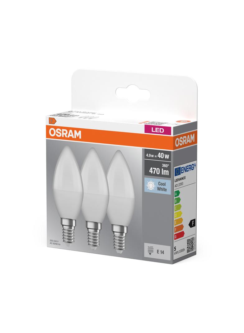 Żarówka LED x3 B37 Świeczka E14 4.9W = 40W 470lm 4000K Neutralna 180° BASE Osram
