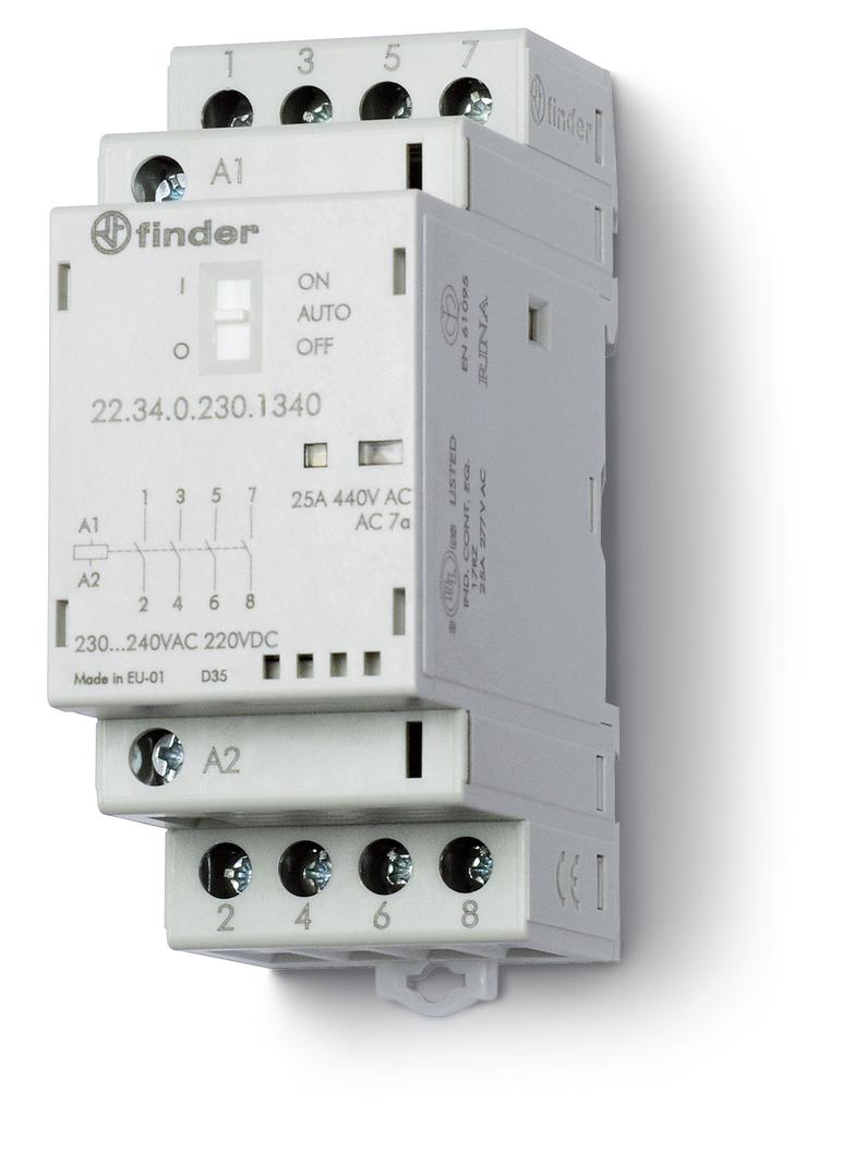 Stycznik modułowy 4 Z; 25A; 230V AC/DC; AUTO-ON-OFF + mech. wskaźnik zadziałania + LED, 22.34.0.230.