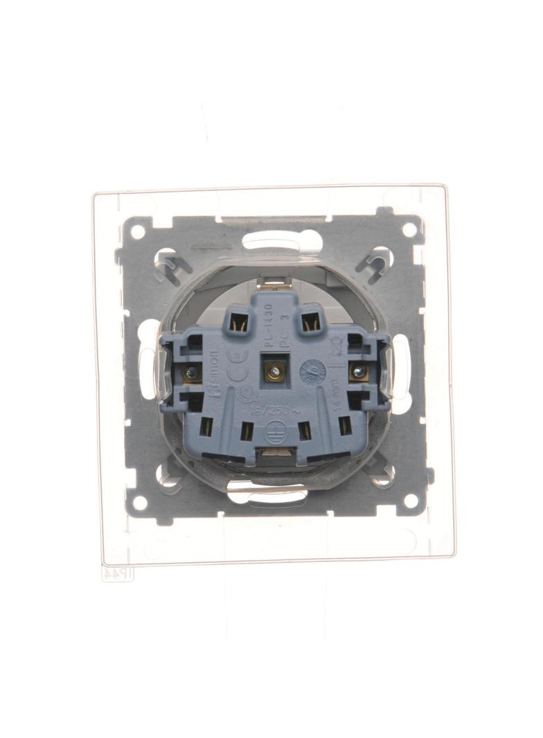 Simon 54 Gniazdo Schuko IP44 z przesłonami z uszczelką ramki 16A z. śrub. klapka transp. srebrny mat