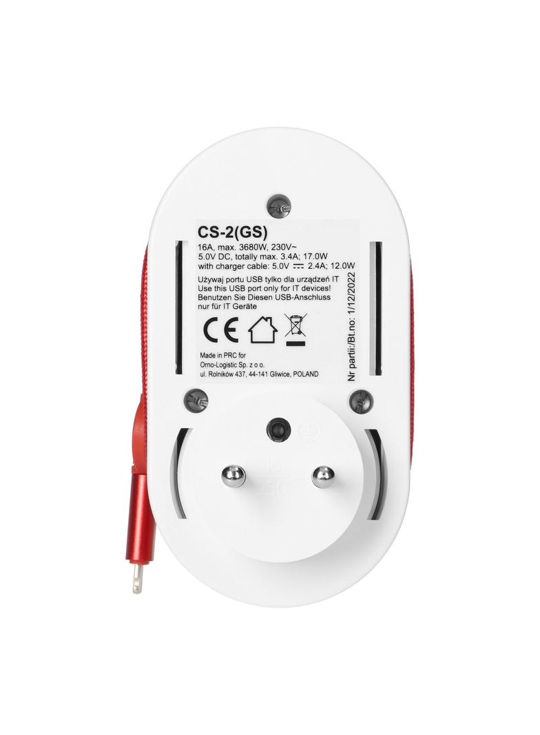 Adapter 1x 2P+Z z ładowarką USB (Typ A+C), 5V DC/ 3,4A, z dodatkowym kablem ładującym (typ C + Light