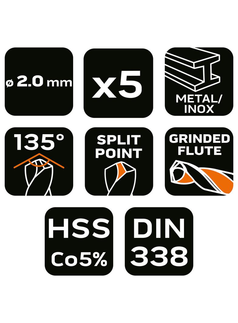 Wiertła do metalu HSS-Co 2.0 mm, 5 szt.