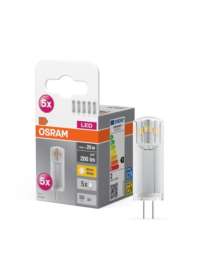 Żarówka LED x5 Kapsułka G4 1.8W = 20W 200lm 2700K Ciepła 12V 320° BASE Osram