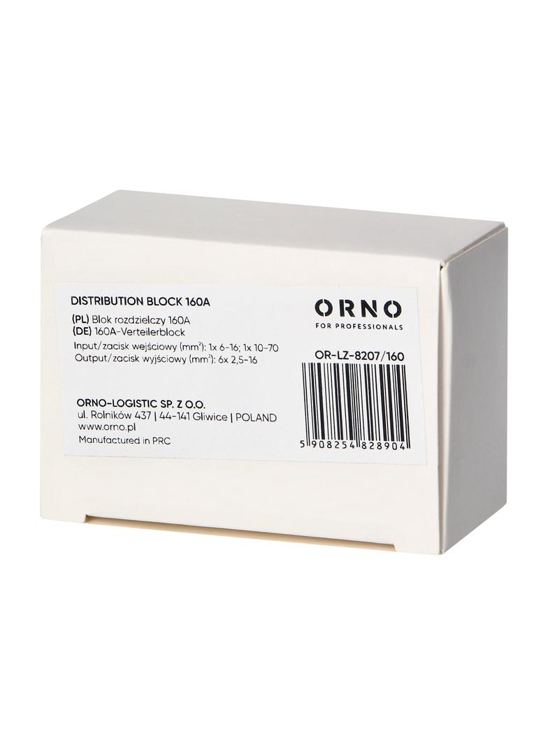 Blok rozdzielczy 160A, zacisk wejściowy 1x16 i 1x70mm2, zaciski wyjściowe 6x16mm2,wygodne mocowanie OR-LZ-8207/160 ORNO
