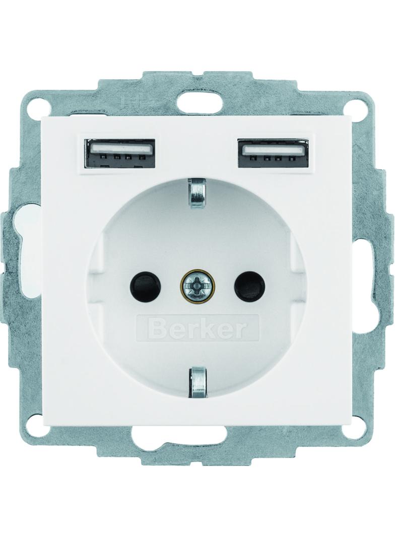 BERKER B.x Gniazdo SCHUKO z gniazdem ładowania USB 2,4 A; samozaciski; biały połysk 48038989 HAGER