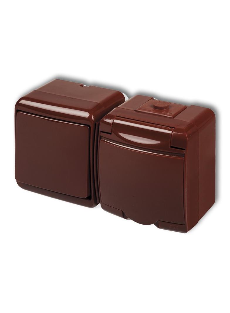 JUNIOR Łącznik jednobiegunowy z gniazdem pojedynczym z uziemieniem 2P+Z (klapka brązowa; bez przesło