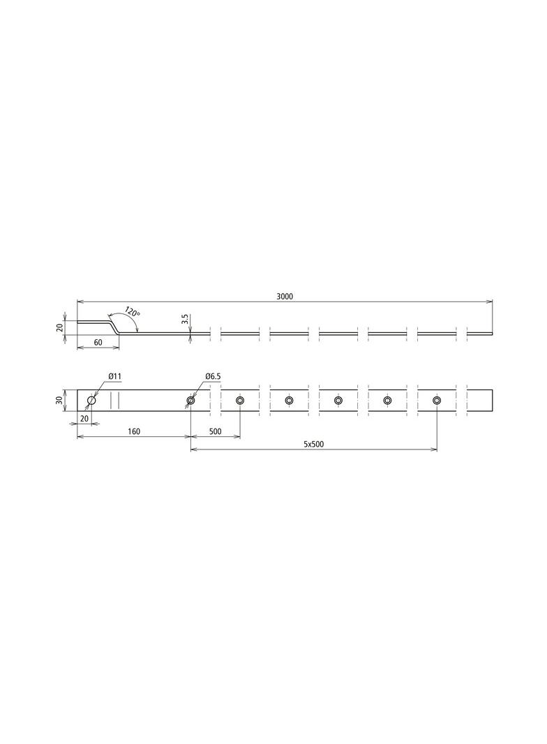 Płaskownik uziemiający gięty 30x3,5 mm dł. 3 m, stal nierdz. NIRO V4A z otworami 11 mm