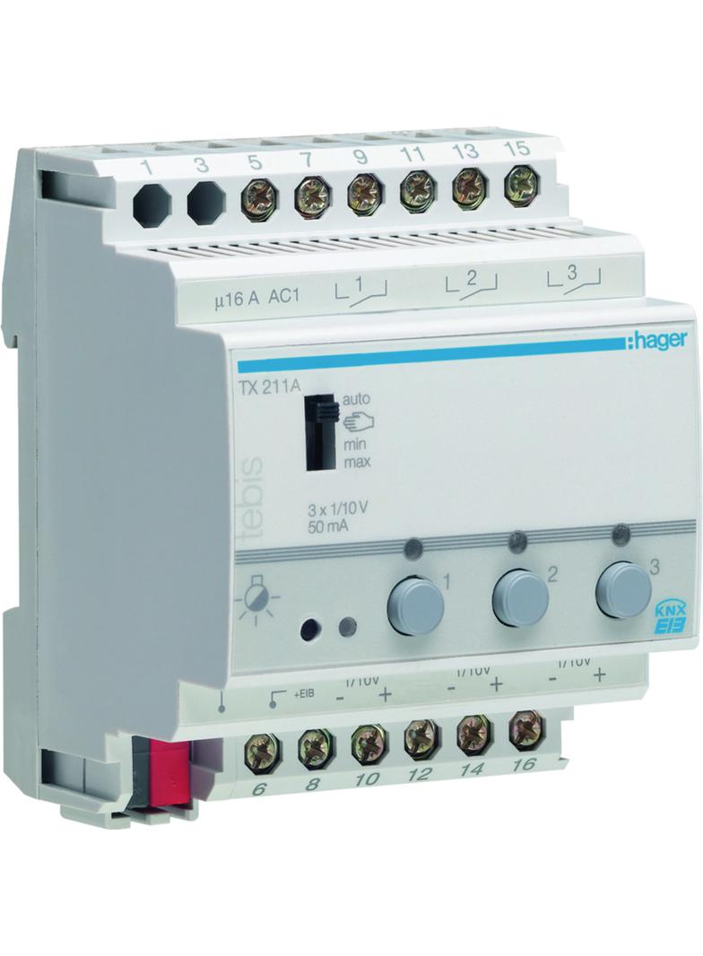 KNX e/s Ściemniacz załączający 1x10V 50 mA 3-kanałowy 4 mod TX211A HAGER