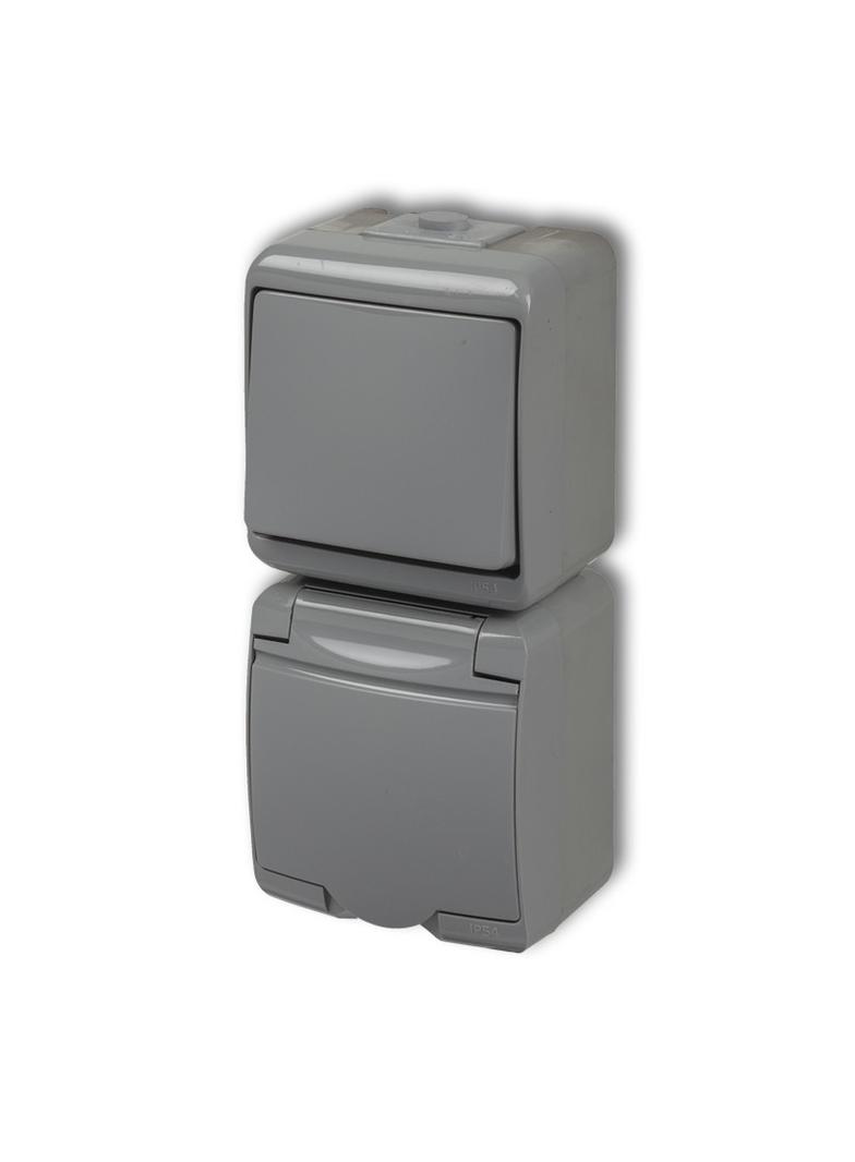 JUNIOR Łącznik jednobiegunowy z gniazdem pojedynczym z uziemieniem 2P+Z (klapka popielata; bez przes