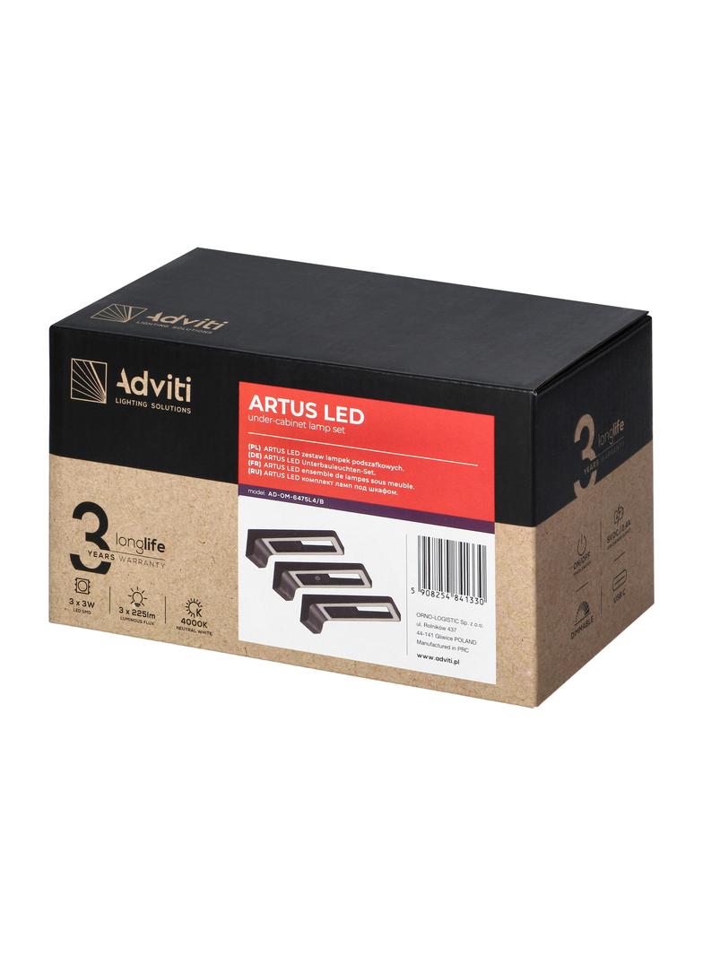 ARTUS zestaw 3 lamp podszafkowych LED, 3x3W, 3x225lm, 4000K, z włącznikiem dotykowym i USB, czarne