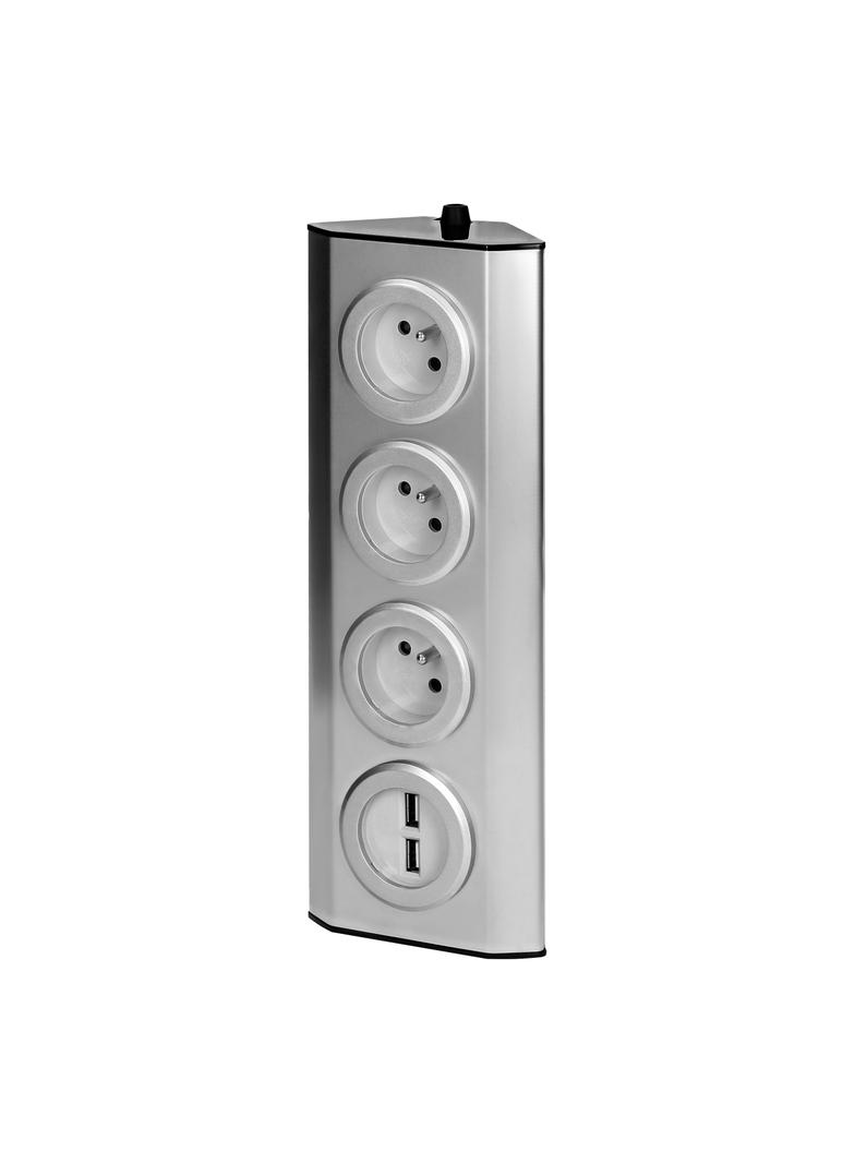 Gniazdo meblowe, kuchenne montowane na rzepy, z ładowarką USB - 3x2P+Z, 2xUSB, INOX. FS-3 ORNO