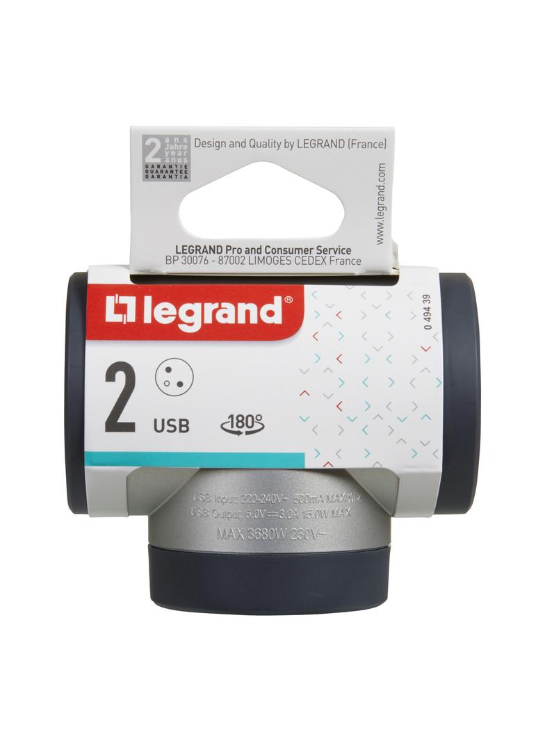 ROZGAŁĘŹNIK OBROTOWY 2X2P+Z, USB A+C - ALUMINIUM/GRAFITOWY, Legrand