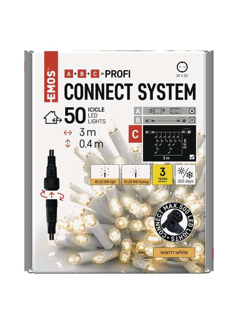 Oświetlenie łączone Profi sople 50 LED 3m ciepła biel biały błyszcz. przew. IP44 timer D2CW04 EMOS