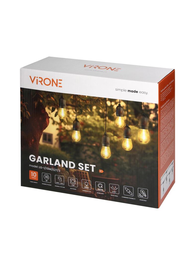 Zestaw girlanda oświetleniowa 10 m IP44 czarna + 10 żarówek LED 1W E27 3000K LG-1/10M/E27/3 ORNO