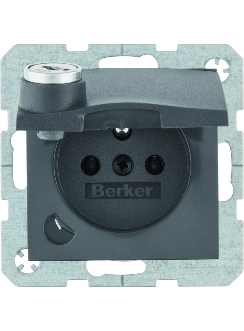 B.x Gniazdo z uziemieniem z pokrywą i zamkiem, antracyt mat