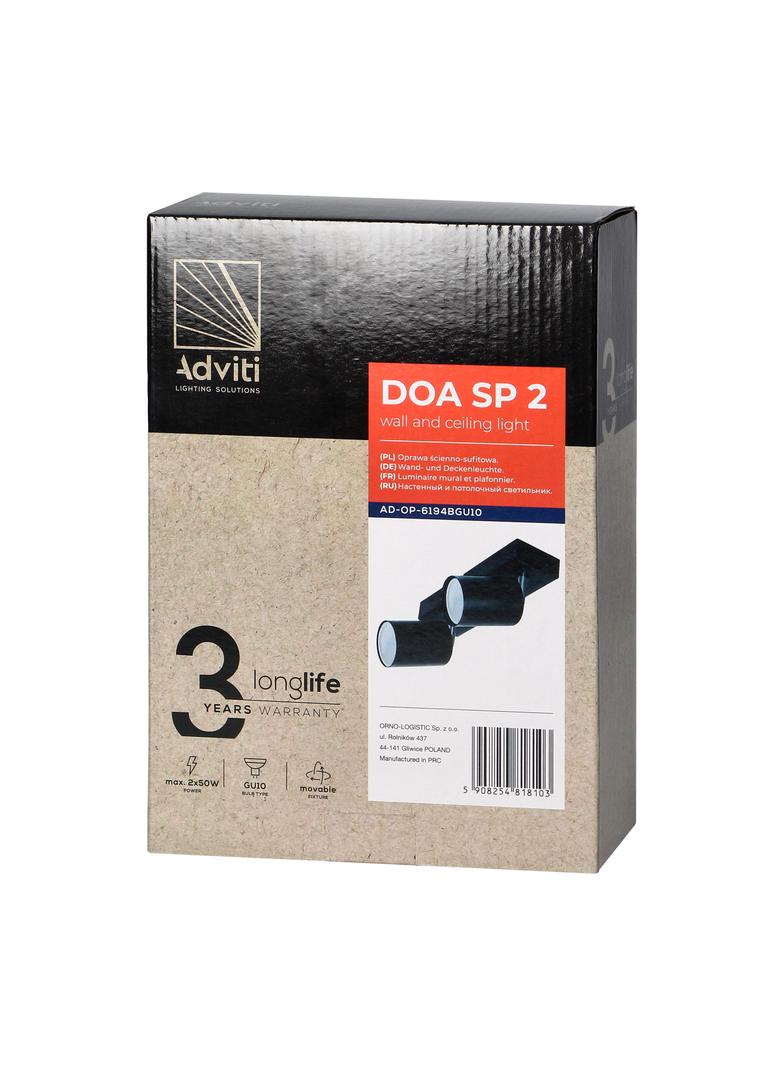 DOA SP 2I, oprawa ścienno-sufitowa, GU10 max. 2x50W, IP20, czarna AD-OP-6194BGU10 ORNO