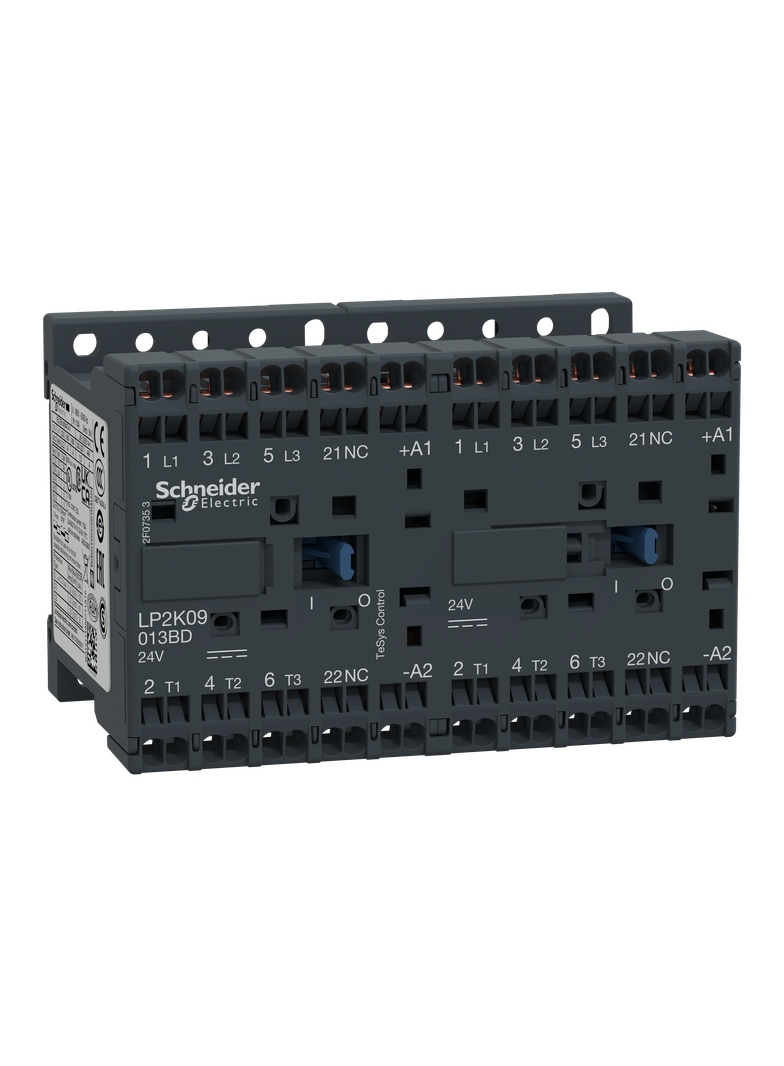Stycznik nawrotny, TeSys K, 9A, 3P, 1NC, cewka 24VDC, zaciski sprężynowe LP2K09013BD