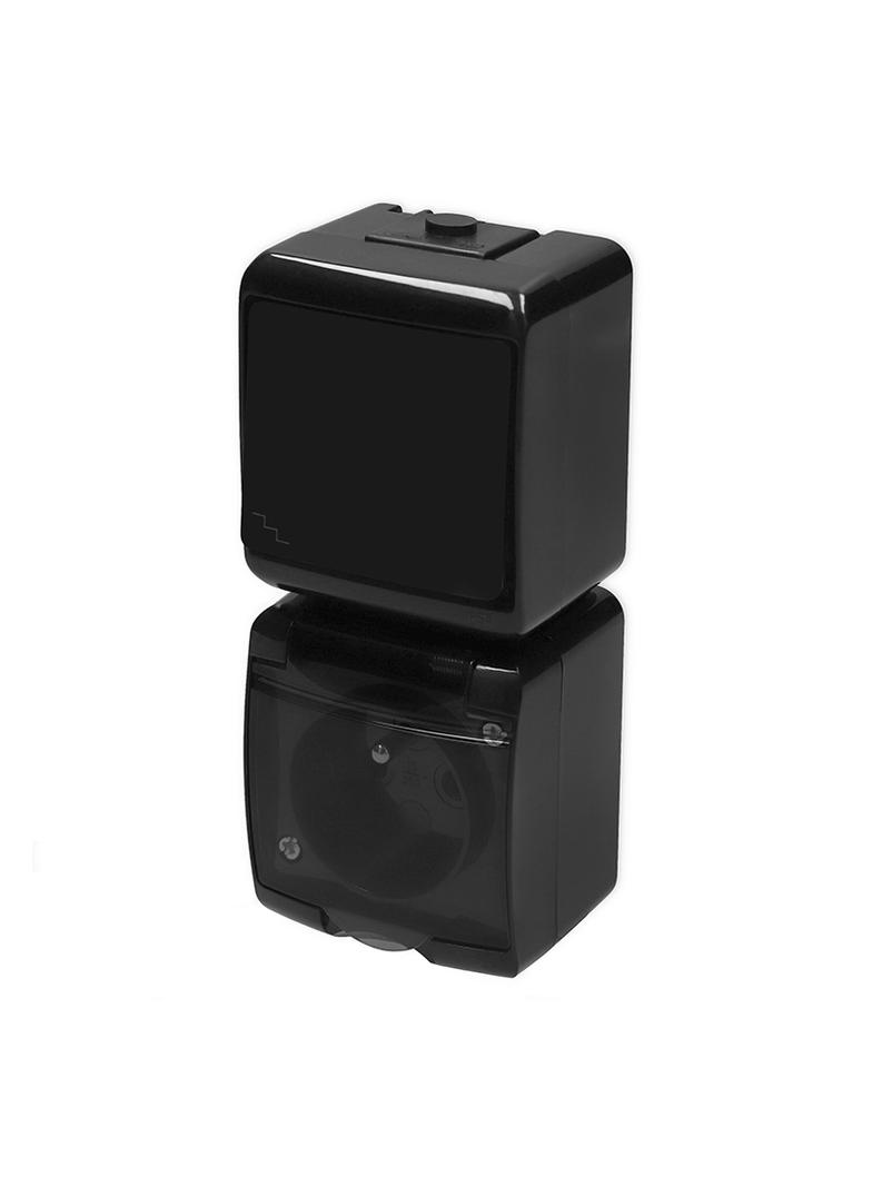 JUNIOR Łącznik schodowy z gniazdem pojedynczym z uziemieniem 2P+Z (klapka dymna; bez przesłon) czarn