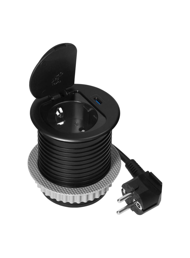 Gniazdo meblowe O6cm wpuszczane w blat z pokrywką, ładowarką USB i przewodem 1,9m, 1x2P+Z (Schuko),