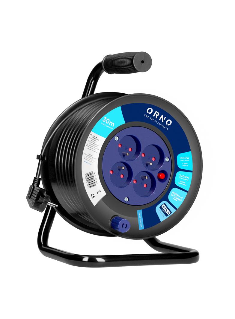 Przedłużacz bębnowy, 4 gniazda 2P+Z, kabel PVC H05VV-F 3x1.5mm2, 30m, termik, przesłony torów prądow