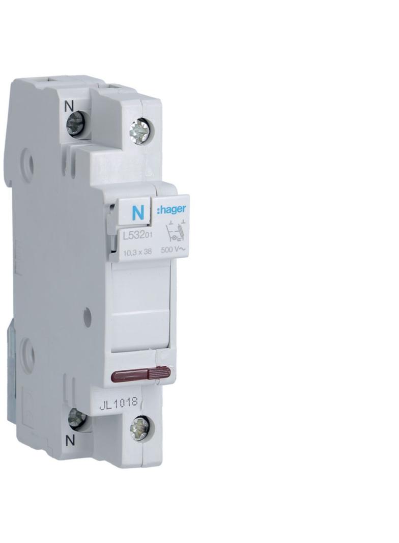 Mod. podst. bezp. 1P+N z lamp. kontr. 230VAC wkł.bezp.cyl.L38 10x38mm 32A 400VAC L53201 HAGER