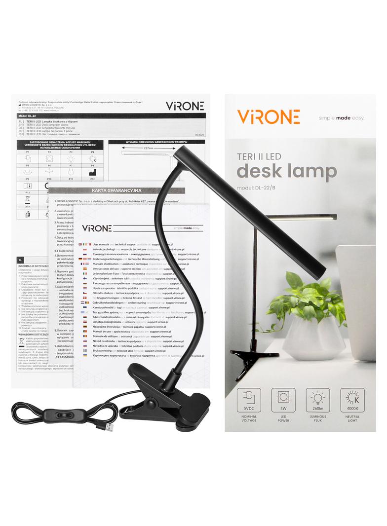 TERI II LED, lampka biurkowa z klipsem, 5W, 260lm, 4000K, czarna