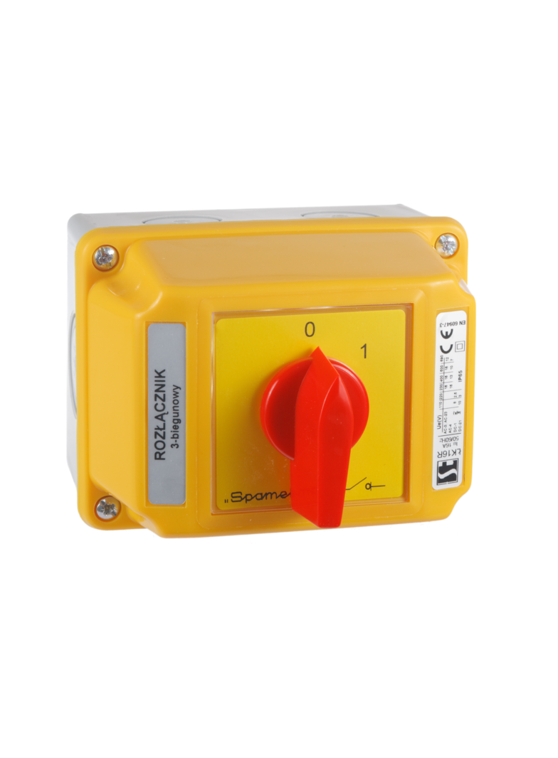 Łącznik Krzywkowy 15A, Rozłącznik 0-1 (4 - biegunowy),  w obudowie OB2 z czołem zamykanym żółto/czer