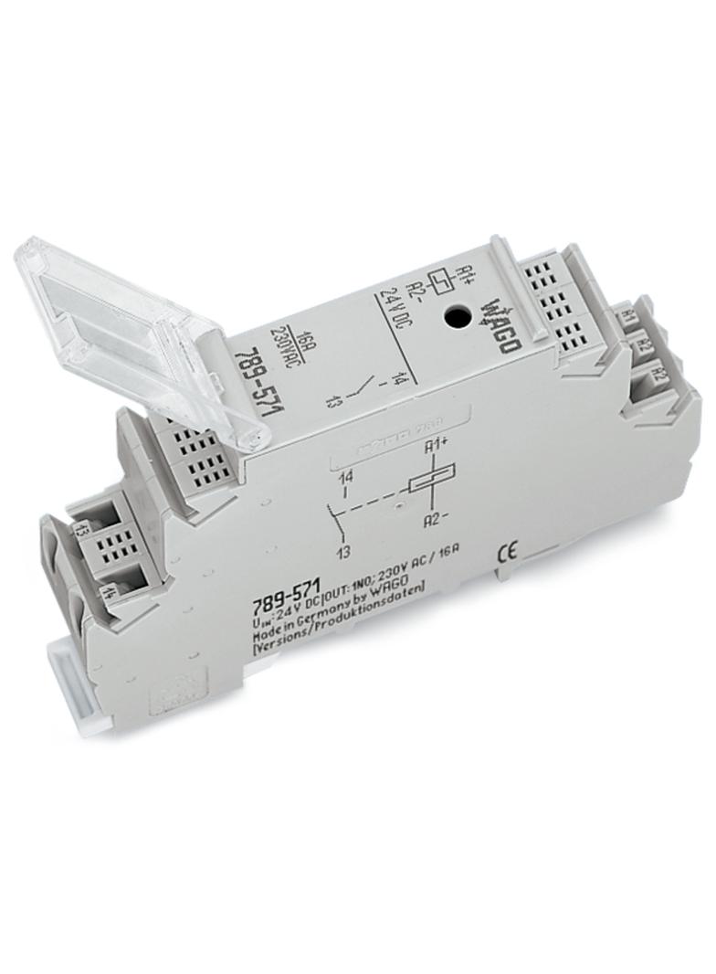 Moduł przekaźnika implusowego nominalne napięcie wejściowe 230V AC 1 zestyk zwierny graniczny prąd stały 16A sygnalizacja statusu czerwony szerokość 18mm 2,50mm2 szary 789-570 WAGO