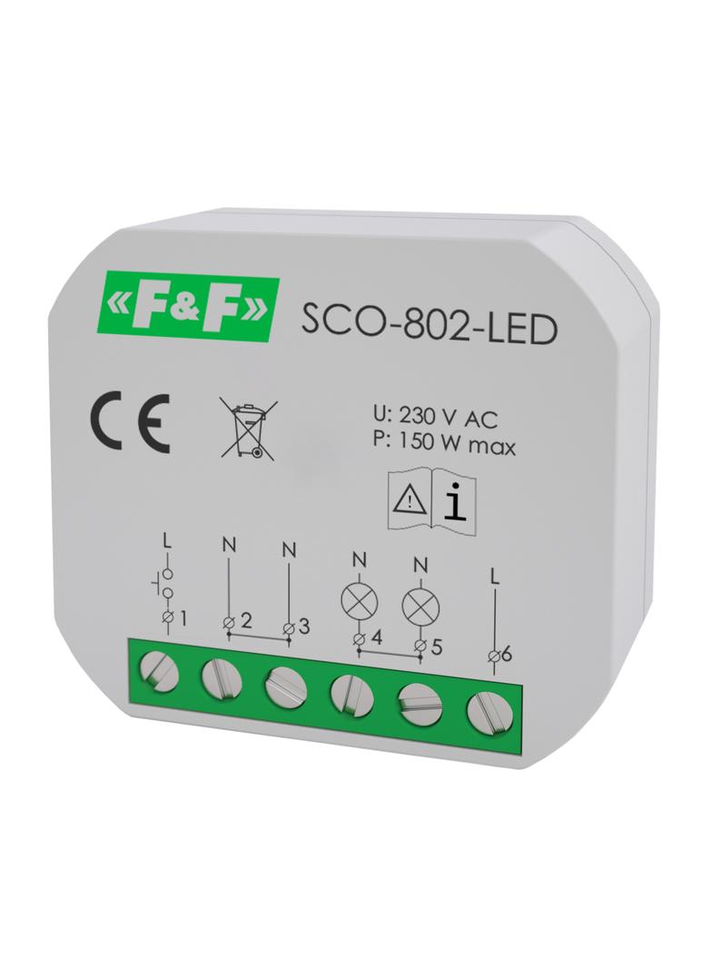 Ściemniacz oświetlenia do źródeł światła LED z pamięcią ustawień natężenia oświetlenia z funkcją Softstart. SCO-802-LED F&F