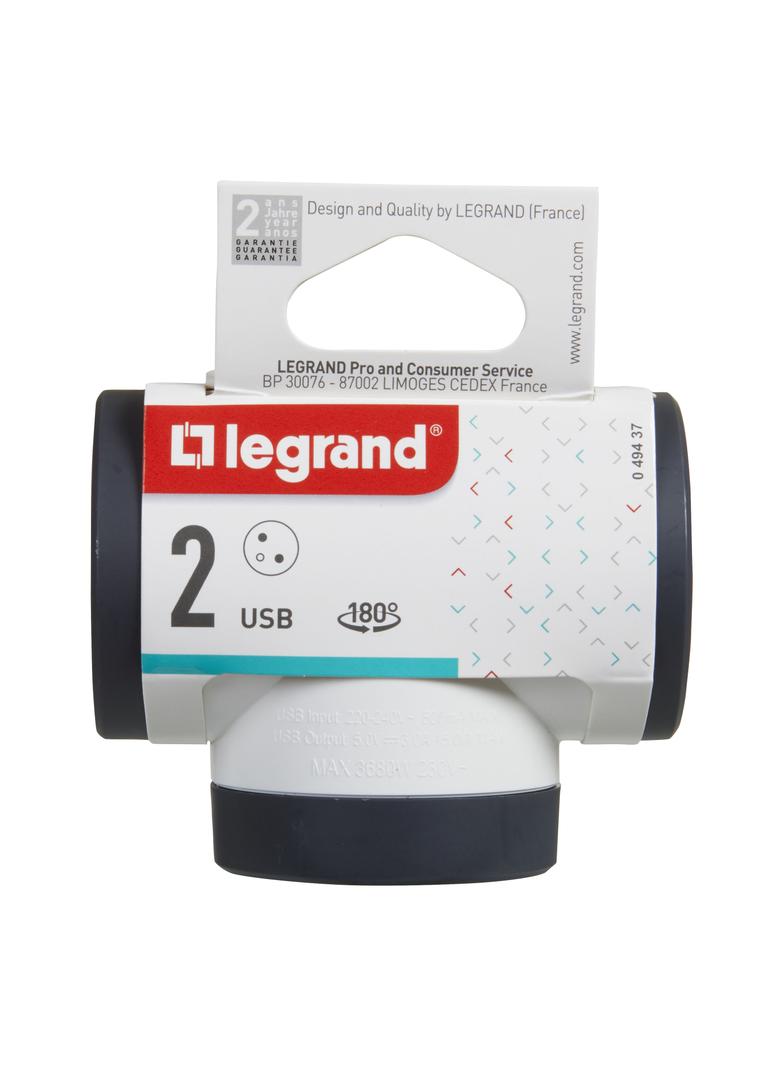 Rozgałęźnik Obrotowy 2-Gniazdowy Z/U Usb A+C Biały/Grafitowy Helmo  049437 LEGRAND