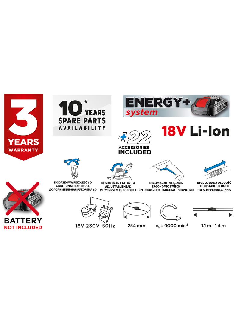 Podkaszarka akumulatorowa Energy+ 18V, Li-Ion, szerokość koszenia 254 mm, bez akumulatora