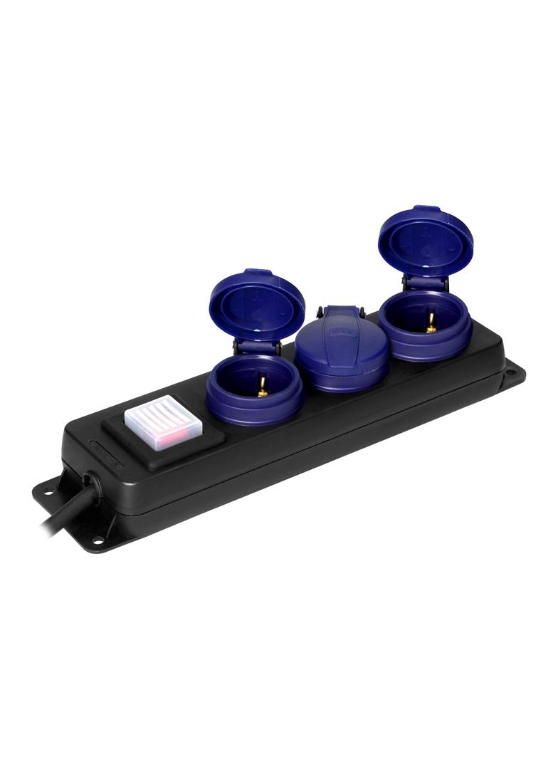 Przedłużacz warsztatowy bryzgoszczelny z wyłącznikiem IP44, 3 gniazda 2P+Z IP44, przewód gumowy, H05