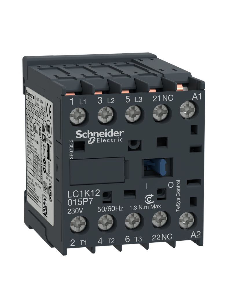 Stycznik mocy, TeSys K, AC3, 12A, 3P, 1NC, cewka 230VAC, nóżki lutownicze
