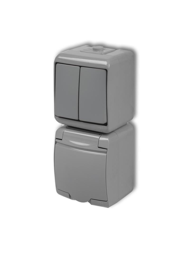 JUNIOR Łącznik świecznikowy z gniazdem pojedynczym z uziemieniem 2P+Z (klapka popielata; przesłony t