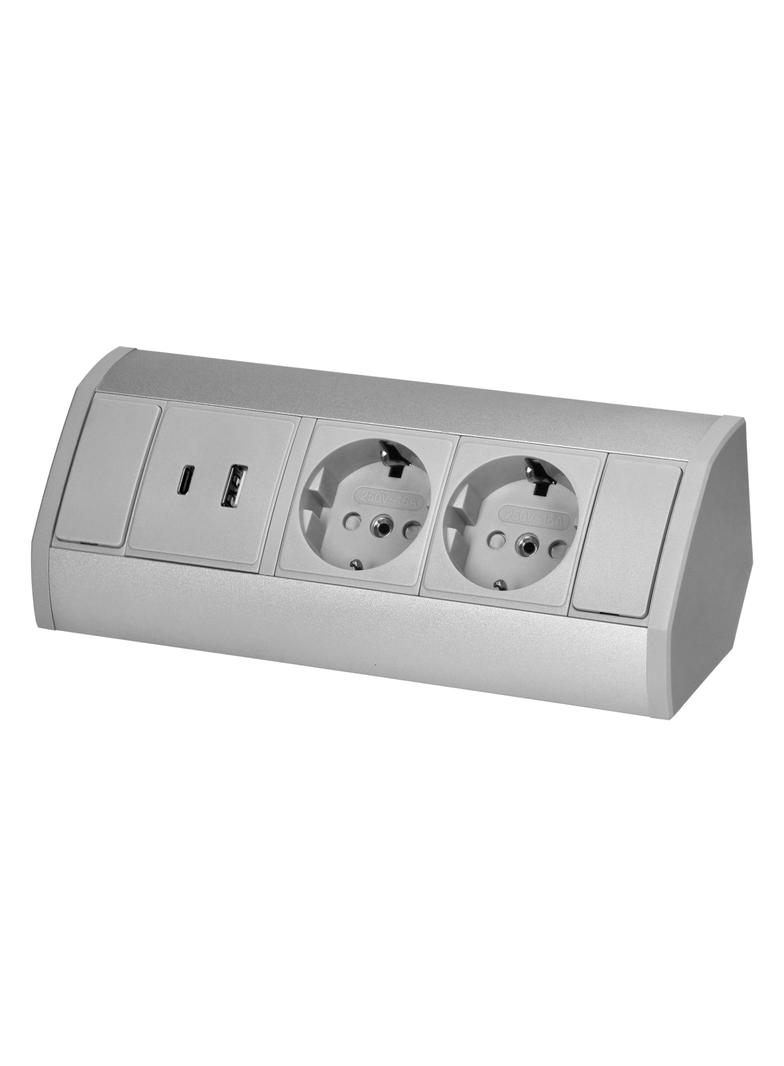 Gniazdo meblowe 2x2P+Z (Schuko), 2xUSB (typ A+C; 2,4A), szaro-srebrne