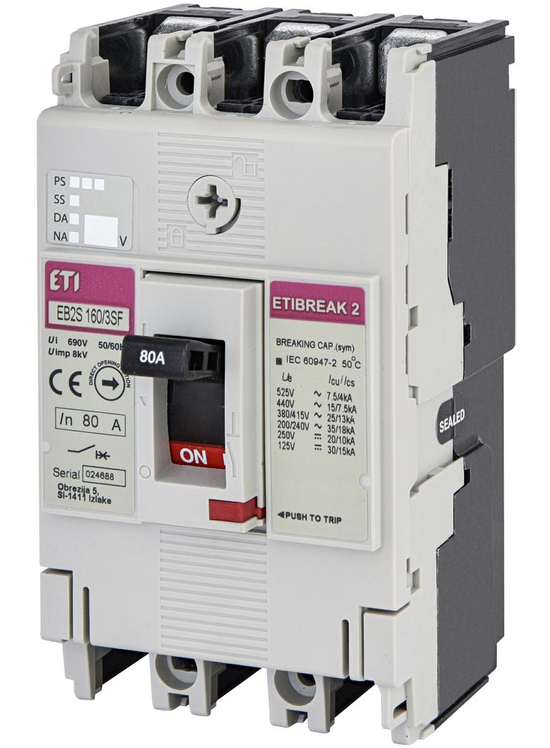 Wyłącznik mocy 3P 25kA wyzw. TM (bez regulacji) EB2S 160/3SF 80A 3P 004671834 ETI