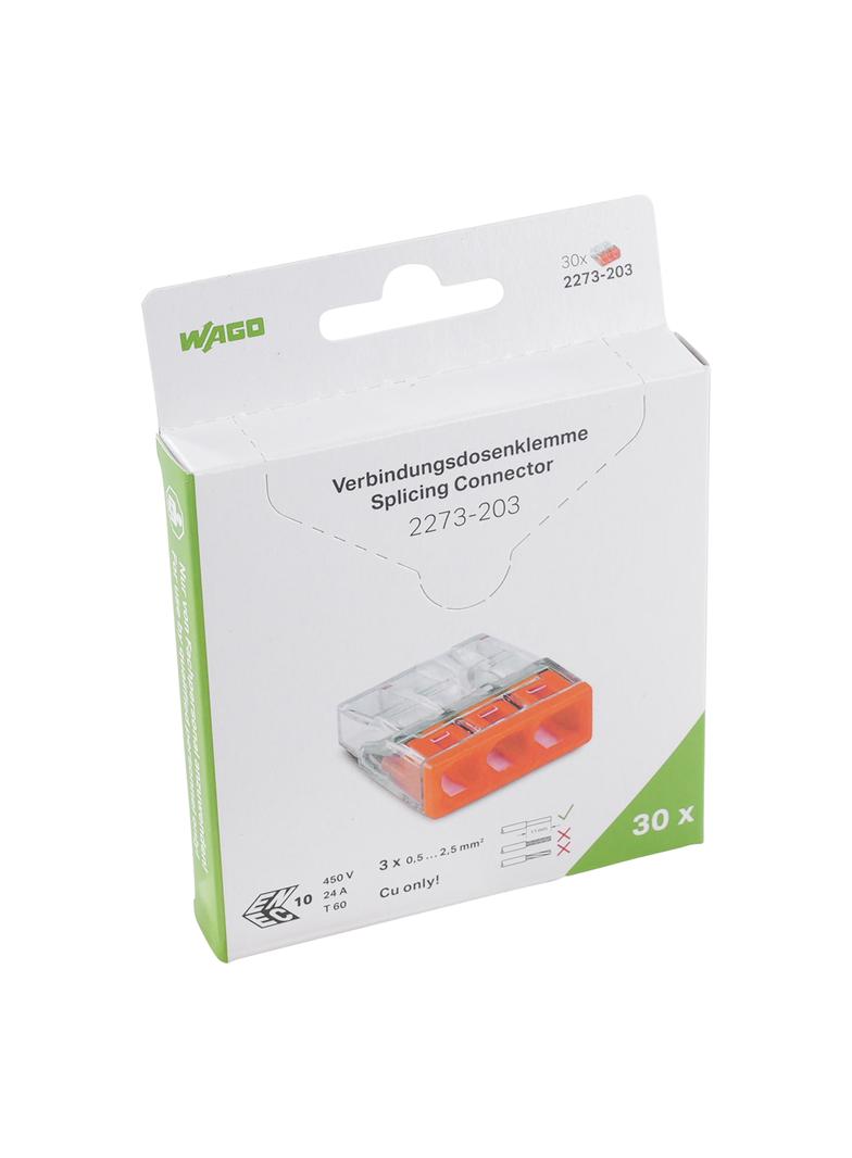 Szybkozłączka 3x 0,5‑2,5mm2 transparentna/pomarańczowa 2273‑203, 2273‑203/995‑030 /30szt./ WAGO