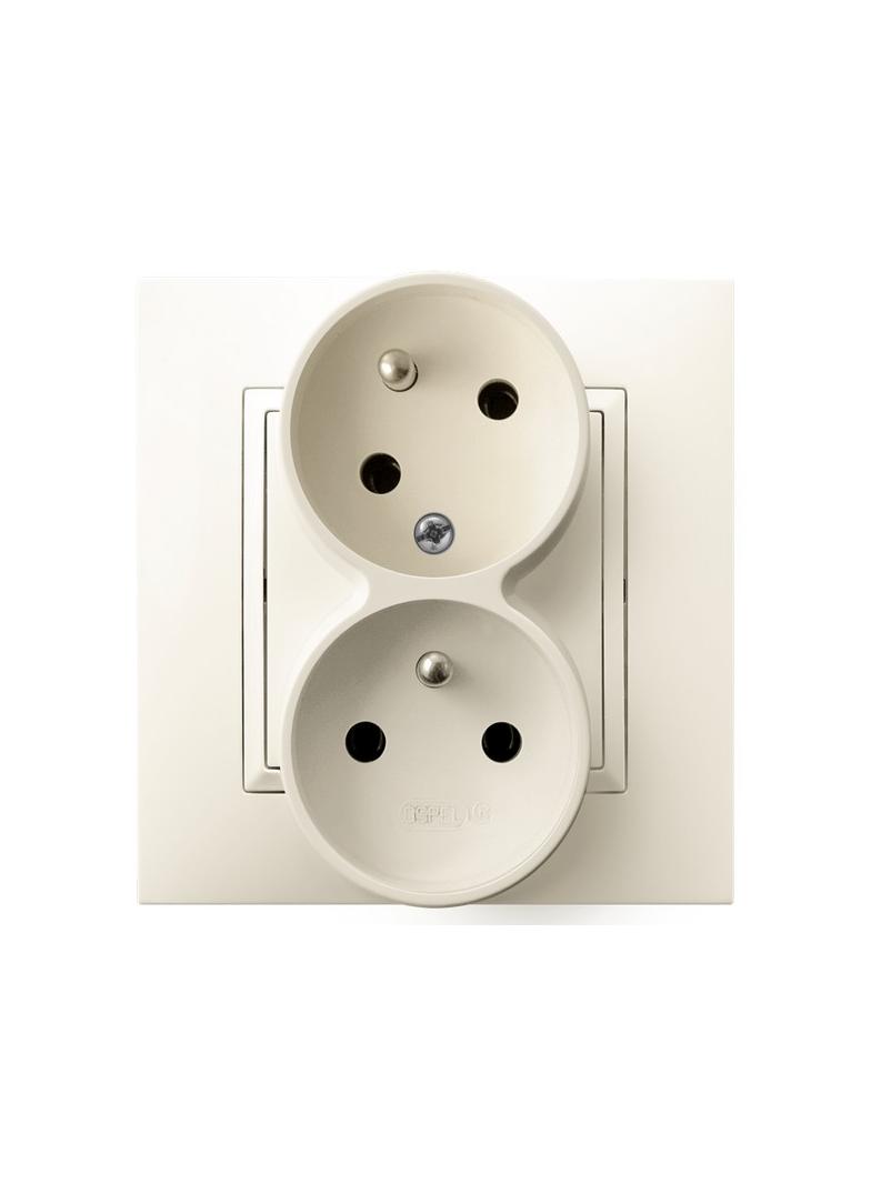 ARIA Gniazdo podwójne z uziemieniem z funkcją niezamienności faz, kompletne z ramką - kolor ecru