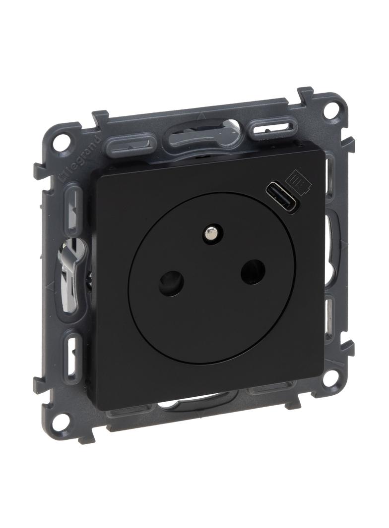 VALENA LIFE - GNIAZDO 2P+Z Z GNIAZDEM USB TYP C - CZARNE