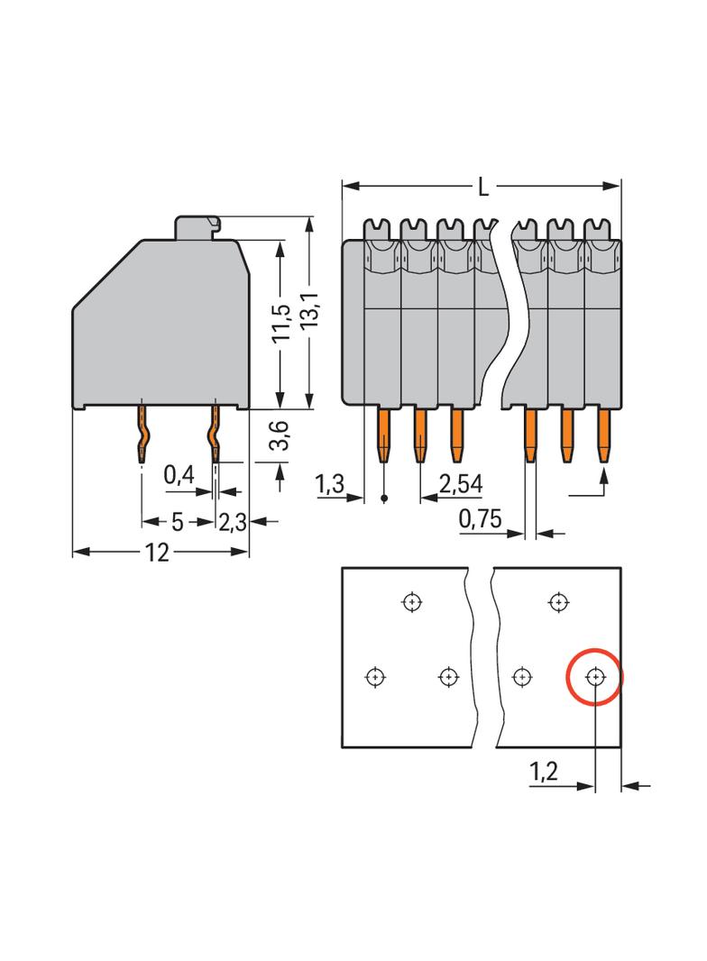 listwa zaciskowa do pł. drukowanych 2-bieg. szara raster 2,54 mm