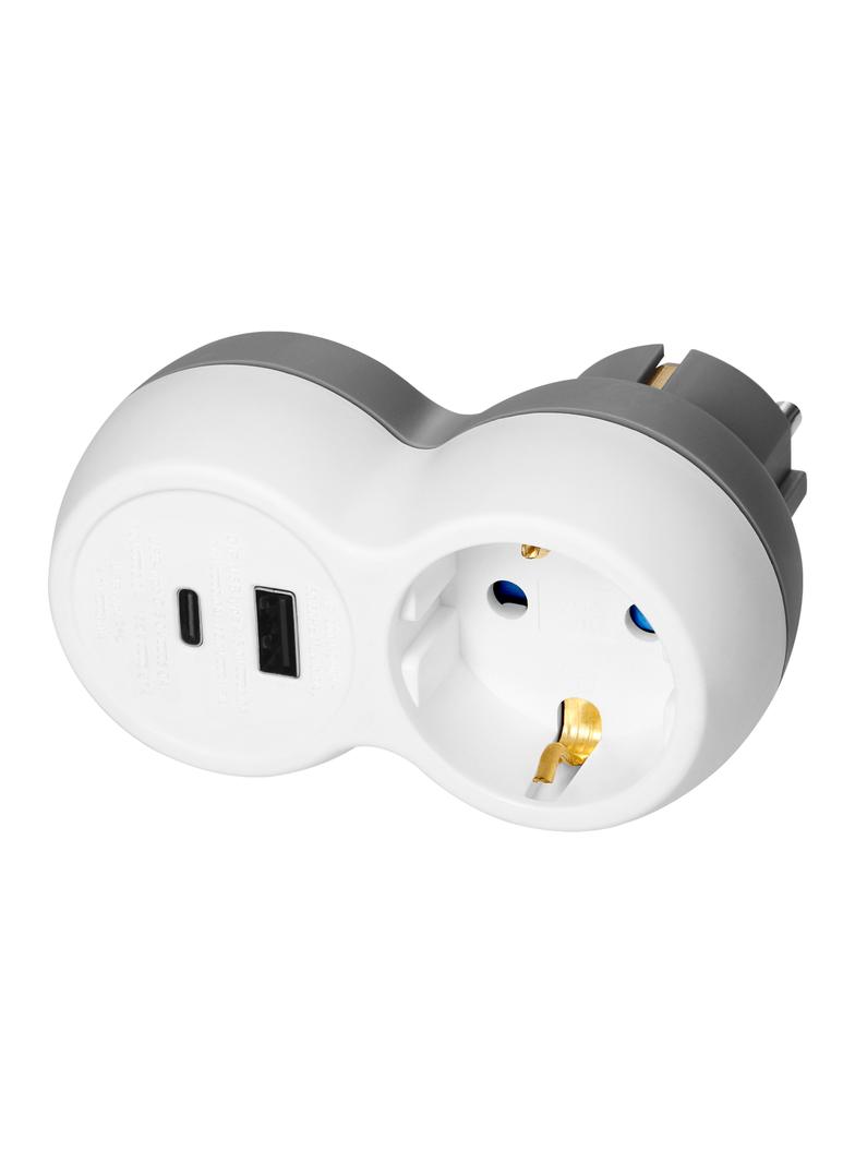 Rozgałęźnik 2P+Z, USB-A+C, schuko, biało-szary