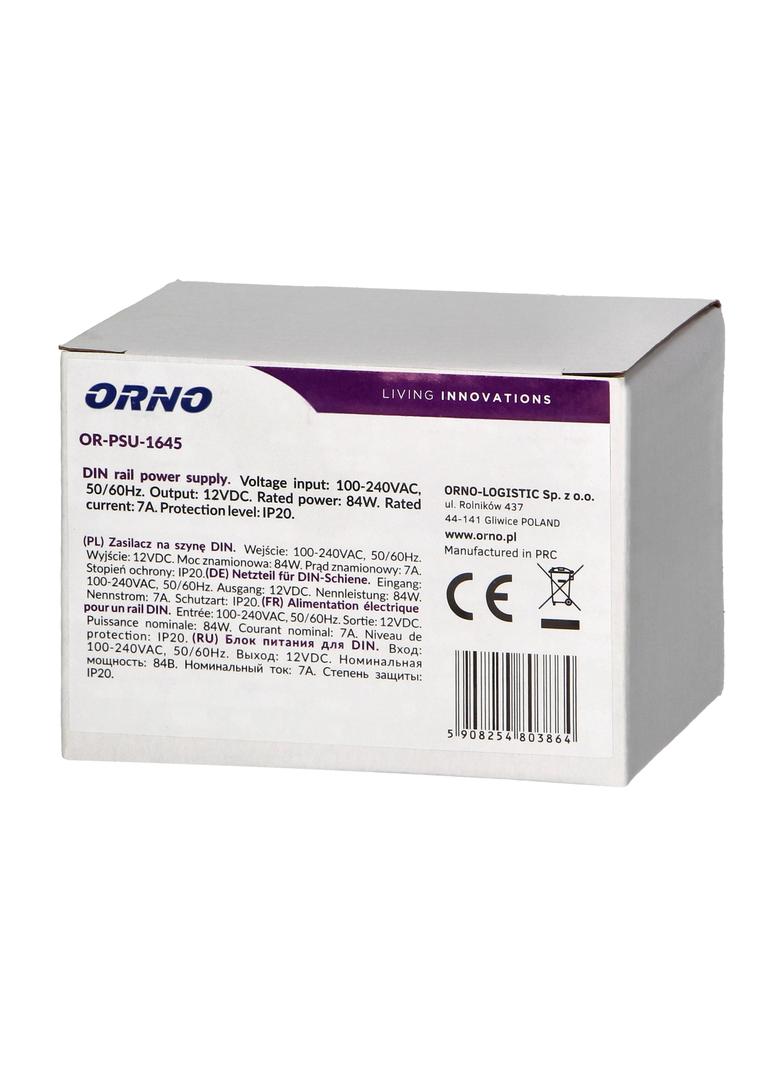 Zasilacz na szynę DIN 12VDC, 7A, 84W, szerokość 4 moduły OR-PSU-1645 ORNO