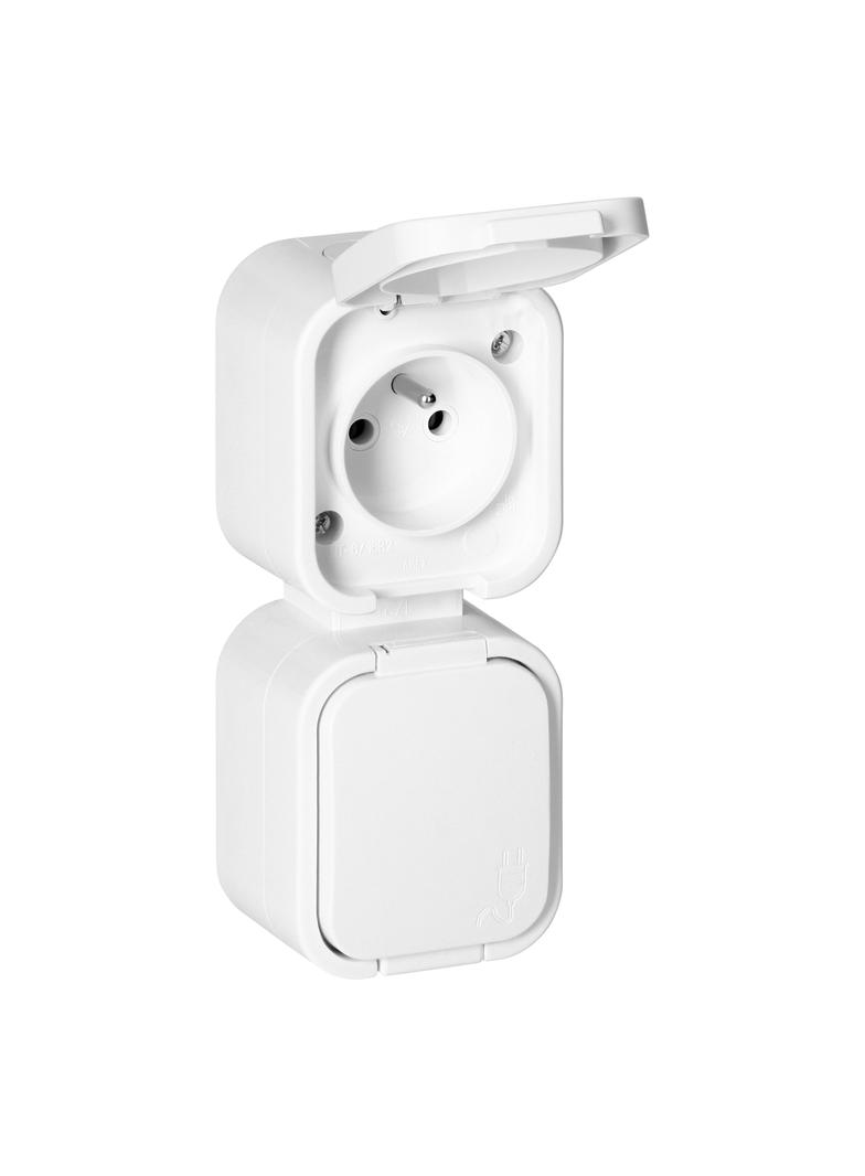 Gniazdo podwójne natynkowe 2x2P+Z, bryzgoszczelne z klapką, pionowe B2, IP54, NT-6B2/P, biały