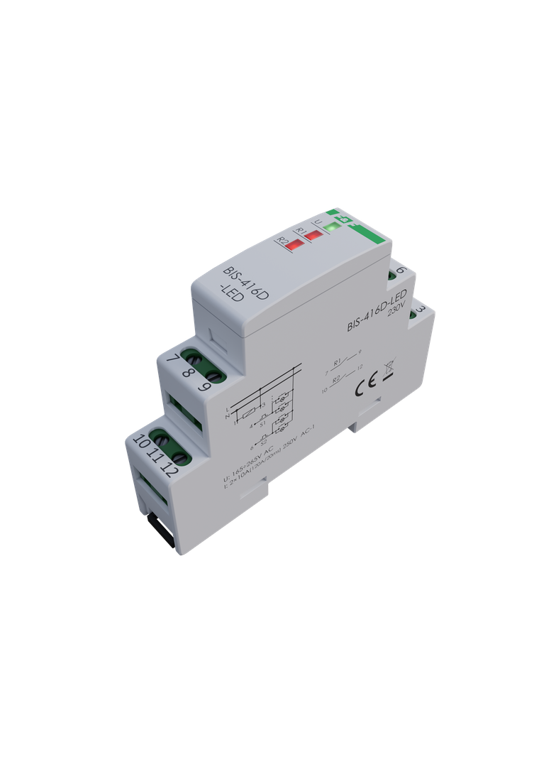 Przekaźnik bistabilny 2 kanałowy on/off Un=230V,I=2x10A InRush(120A/20ms) styki 2xNO,1S DIN BIS-416D-LED F&F