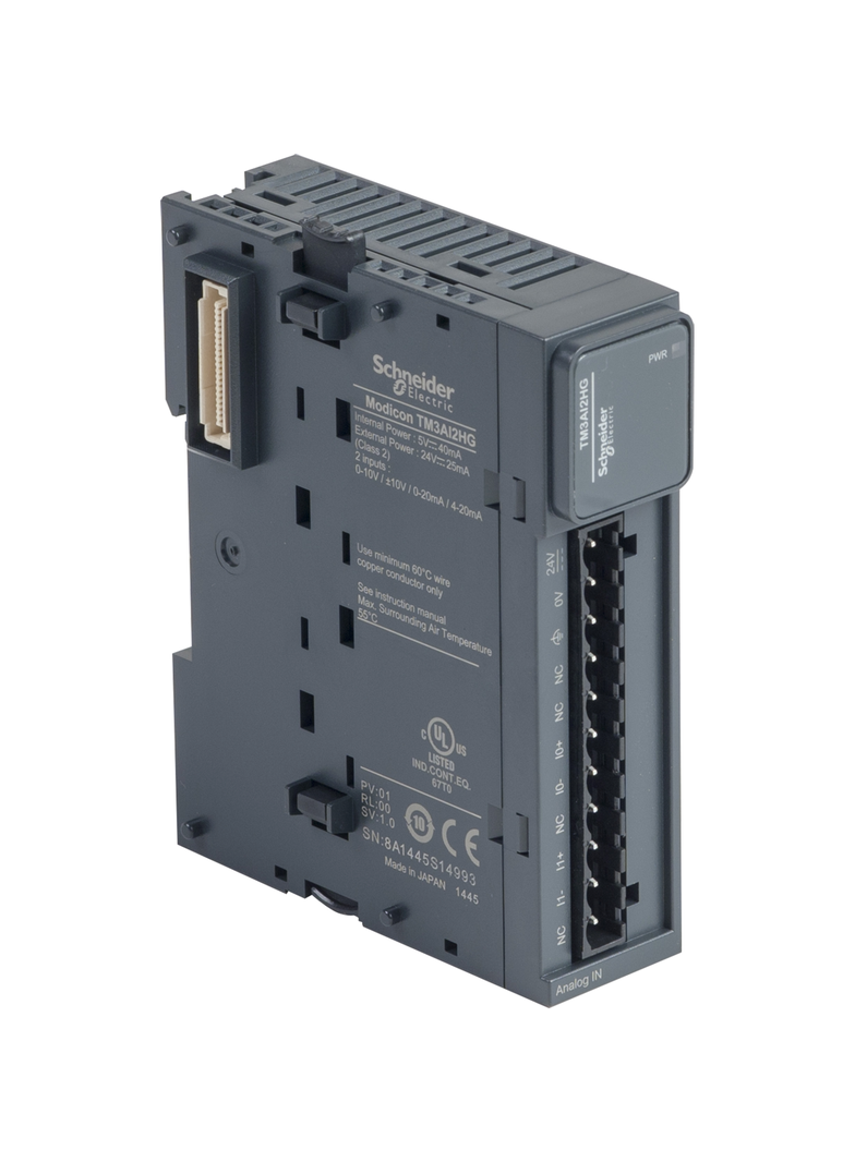 Modicon TM3, moduł wejść analogowych, 2 wejścia prąd/napięcie, wysoka rozdzielczość, zaciski sprężyn