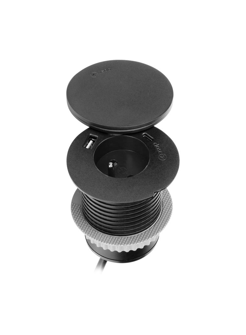 Gniazdo meblowe O6cm z rotacyjną pokrywą ładowarką indukcyjną ładowarką USB i przewodem 1,5m 1x2P OR