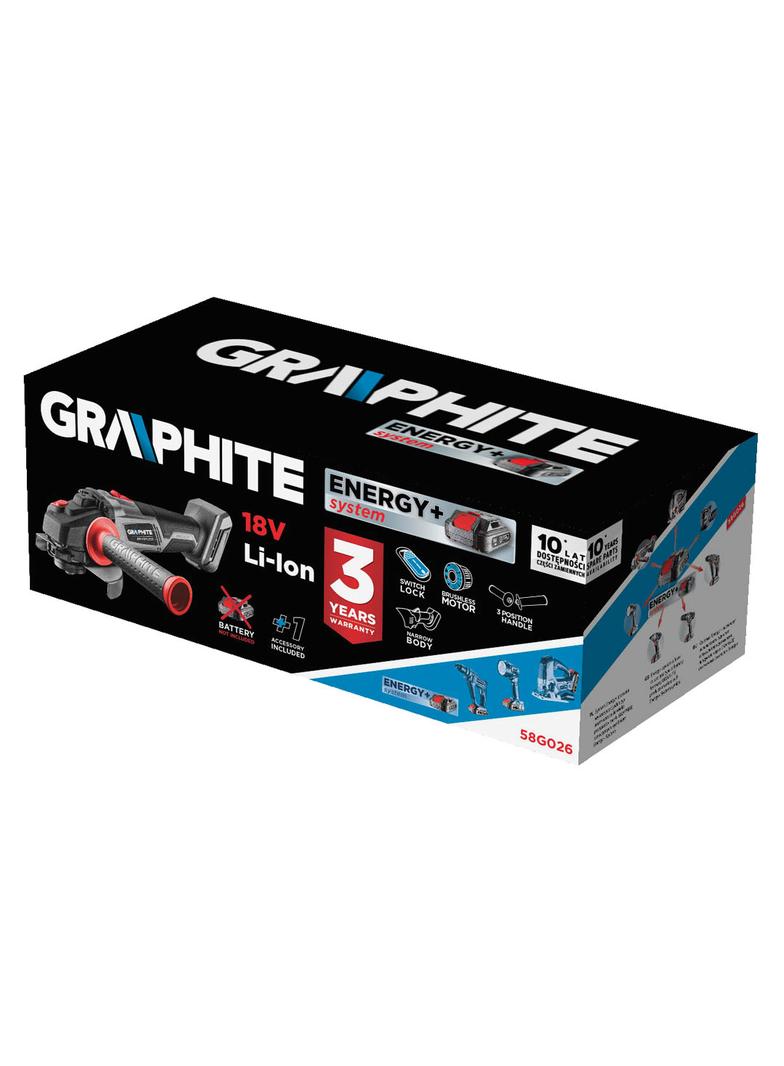 Szlifierka kątowa akumulatorowa bezszczotkowa Energy+ 18V, Li-Ion, tarcza 125mm, bez akumulatora